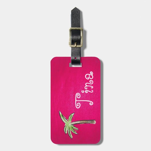 ピンクの背景に美しいヤシの木 ラゲッジタグ (正面縦)