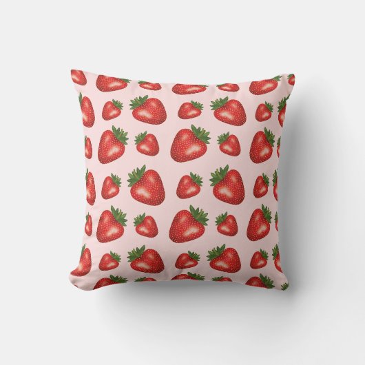ピンクの背景に赤いイチゴのフルーツ柄 クッション (正面)