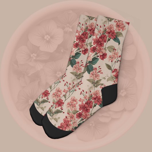 ピンクの背景に赤いハイビスカスの花  ソックス