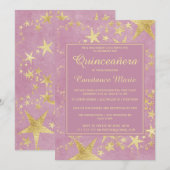 ピンクの背景に輝くゴールドのキンチェアラの招待状 招待状 (正面/裏面)