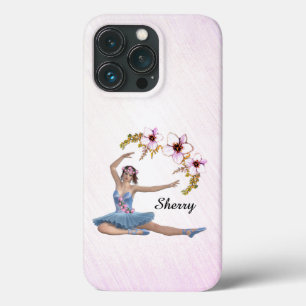 ピンクの背景に青いドレスのバレリーナの名前入り iPhone 13 PROケース