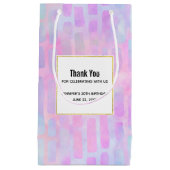 ピンクの背景に青い長方形のシェイプをありがとう スモールペーパーバッグ (正面)