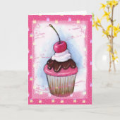 ピンクの背景のパステルのカップケーキ カード (黄色い花)