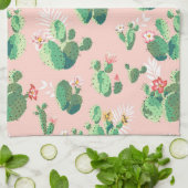 ピンクの背景の台所の花盛りのサボテン キッチンタオル (折り畳み)