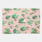 ピンクの背景の台所の花盛りのサボテン キッチンタオル (横)