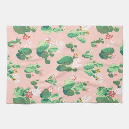 ピンクの背景の台所の花盛りのサボテン キッチンタオル
