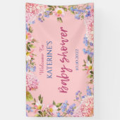 ピンクの背景の花の縁取り ウェルカムベイビーシャワー 横断幕 (縦)