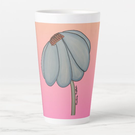 ピンクの背景の青い花 カフェラテマグ (正面)