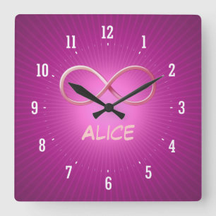 ピンクの背景のPersonalizableの無限記号 スクエア壁時計