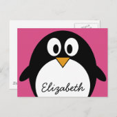 ピンクの背景を持つかわいい漫画のペンギン ポストカード (正面/裏面)