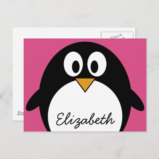 ピンクの背景を持つかわいい漫画のペンギン ポストカード (正面/裏面)