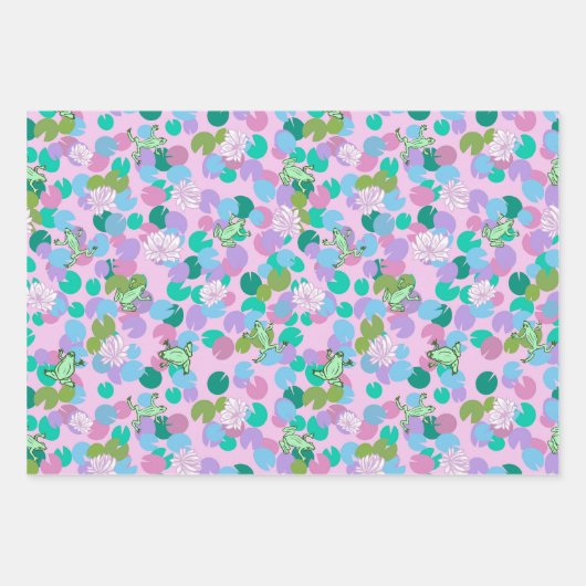 ピンクの背景を持つ可愛いカエルのアートラッピング紙 ラッピングペーパーシート (正面)