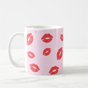 ピンクの背景パターンの赤い口紅キス コーヒーマグカップ