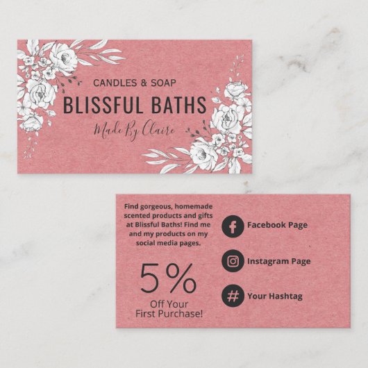 ピンクの自家製ソープとキャンドルの上の白フローラ 名刺 (正面/裏面)