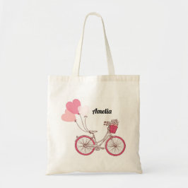 ピンクの自転車およびハートの気球のパーソナライズなバッグ トートバッグ