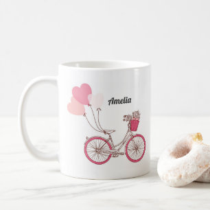 ピンクの自転車とハートバルーンパーソナライズされたマグカップ コーヒーマグカップ