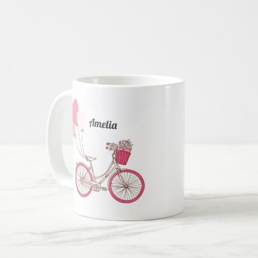 ピンクの自転車とハートバルーンパーソナライズされたマグカップ コーヒーマグカップ (正面左)