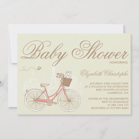 ピンクの自転車のベビーシャワー招待状のテリア 招待状 (正面)