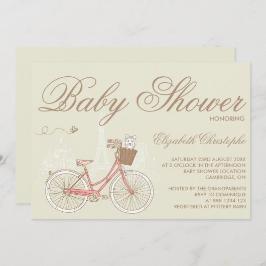 ピンクの自転車のベビーシャワー招待状のテリア 招待状 (正面/裏面)