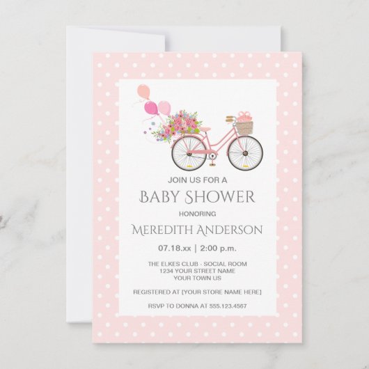ピンクの自転車の花水玉模様赤ちゃんシャワー 招待状 (正面)
