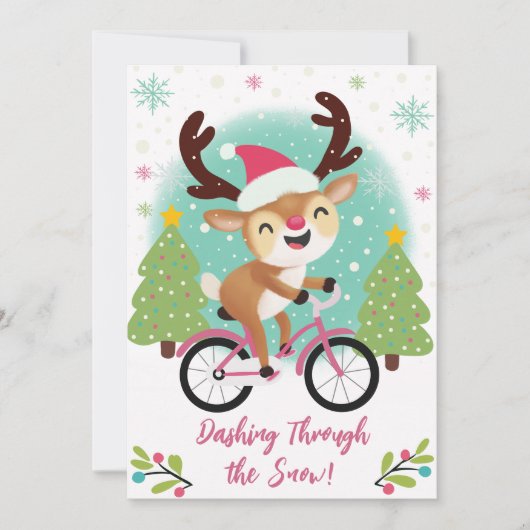 ピンクの自転車クリスマスカードに乗ったかわいいトナカイ シーズンカード (正面)