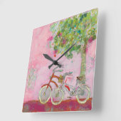ピンクの自転車 スクエア壁時計 (傾斜)
