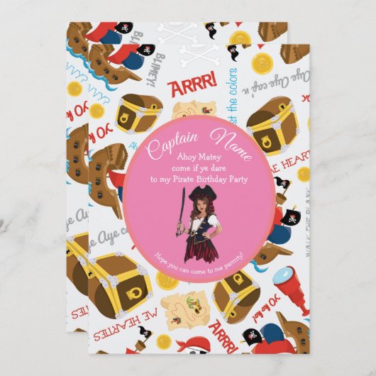 ピンクの船と宝物パーティー　海賊の招待状 招待状 (正面/裏面)