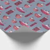 ピンクの船と木製のライトハウスダスティブルー ラッピングペーパー (角)