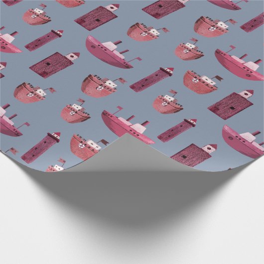 ピンクの船と木製のライトハウスダスティブルー ラッピングペーパー (角)