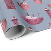 ピンクの船と木製のライトハウスダスティブルー ラッピングペーパー (ロールコーナー)