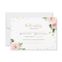 ピンクの色あせた金色の牡丹の花の結婚式RSVPカード