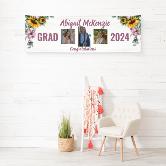 ピンクの芍薬とひまわりの卒業バナー 横断幕 (インサイチュ)