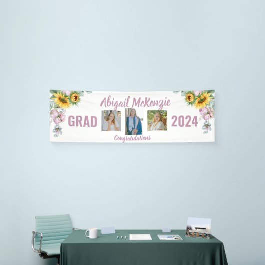 ピンクの芍薬とひまわりの卒業バナー 横断幕 (トレードショー)