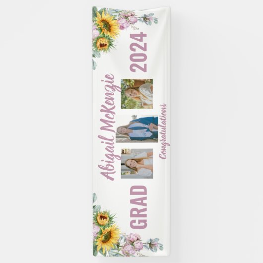 ピンクの芍薬とひまわりの卒業バナー 横断幕 (縦)