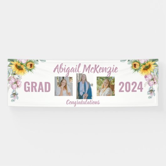 ピンクの芍薬とひまわりの卒業バナー 横断幕 (横)