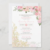 ピンクの芍薬とゴールドの花のキンセアニエラ 15歳の誕生日 招待状 (正面)