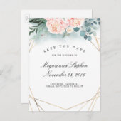 ピンクの芍薬とゴールドフレーム 現代の結婚式延期のお知らせ 案内ポストカード (正面/裏面)