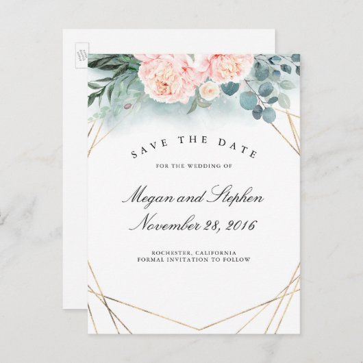 ピンクの芍薬とゴールドフレーム 現代の結婚式延期のお知らせ 案内ポストカード (正面/裏面)