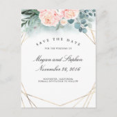 ピンクの芍薬とゴールドフレーム 現代の結婚式延期のお知らせ 案内ポストカード (正面)