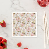 ピンクの芍薬とセージの植物画フラワーパターンアート スタンダードカクテルナプキン (インサイチュ)