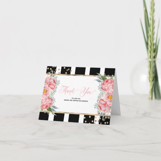 ピンクの芍薬とブラックストライプのエレガントな感謝 サンキューカード (正面)