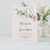 ピンクの芍薬とミントグリーンのユーカリの葉のウェディング 招待状 (スタンド正面)