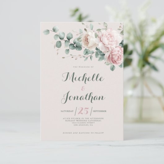 ピンクの芍薬とミントグリーンのユーカリの葉のウェディング 招待状 (スタンド正面)