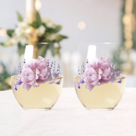 ピンクの芍薬とラベンダーのアクセント ステムなしワイングラス
