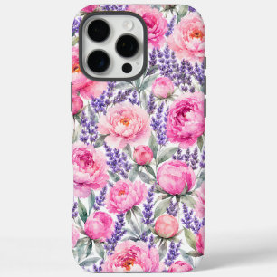 ピンクの芍薬とラベンダーの水彩フラワーパターン iPhone 16 PRO MAXケース
