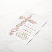 ピンクの芍薬と十字架の堅信礼 箔招待状 (回転した状態)