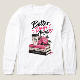 ピンクの芍薬と本とコーヒーの明るい未来 長袖Tシャツ トライブレンドTシャツ