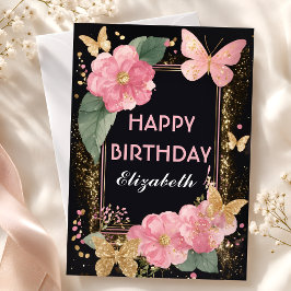 ピンクの芍薬と蝶の誕生日 カード
