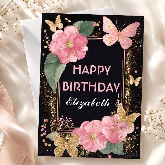ピンクの芍薬と蝶の誕生日 カード