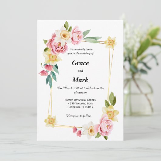 ピンクの芍薬と黄色の水仙の結婚式招待状 招待状 (スタンド正面)